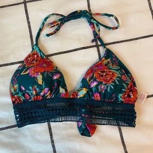 Turquoise floral triangle bikini top